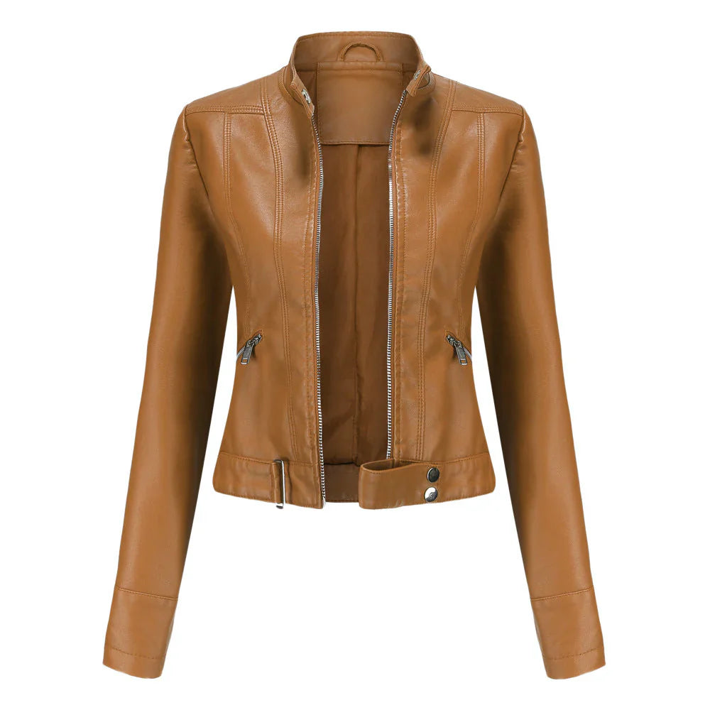 Damen Lederjacke – Slim Fit – Zipperfront – Stehkragen – Taillenlänge – Ziertaschen