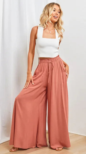 Damen Palazzo Hose – Hoher Bund – Weites Bein – Atmungsaktives Material – Lang