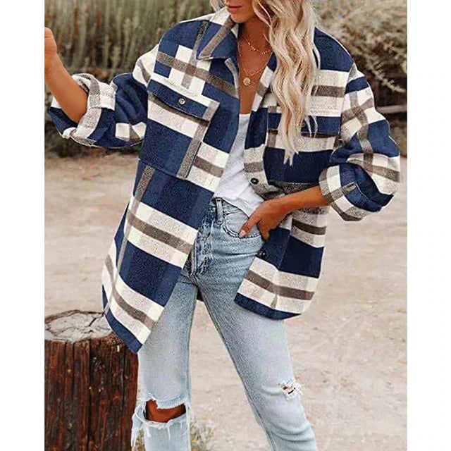 Damen Jacke – Oversize Passform – Weiches Gewebe – Karomuster – Knopfleiste