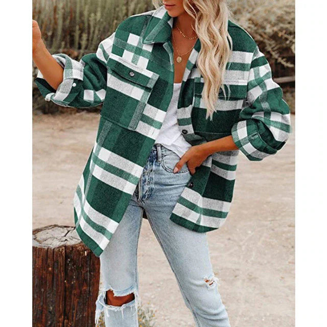 Damen Jacke – Oversize Passform – Weiches Gewebe – Karomuster – Knopfleiste