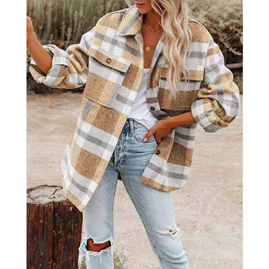 Damen Jacke – Oversize Passform – Weiches Gewebe – Karomuster – Knopfleiste