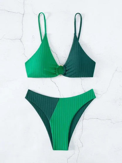 Damen Bikini Set – Push-Up Top – High Waist – Rippstruktur – Ringdetail