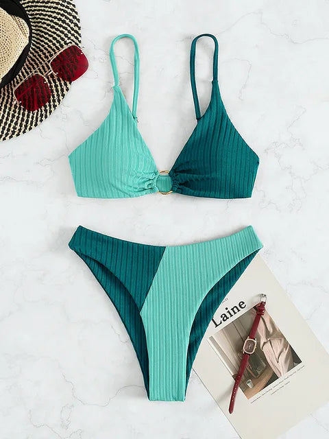 Damen Bikini Set – Push-Up Top – High Waist – Rippstruktur – Ringdetail