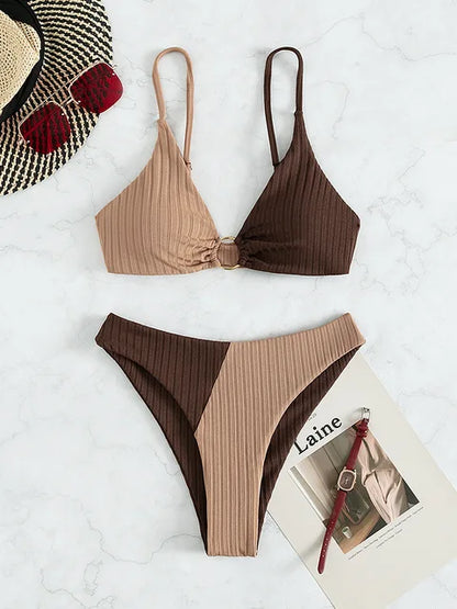 Damen Bikini Set – Push-Up Top – High Waist – Rippstruktur – Ringdetail