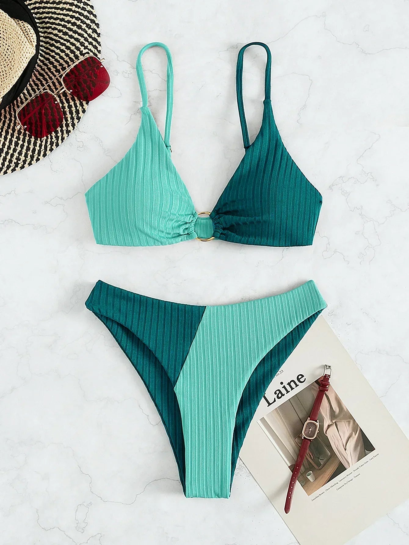 Damen Bikini Set – Push-Up Top – High Waist – Rippstruktur – Ringdetail