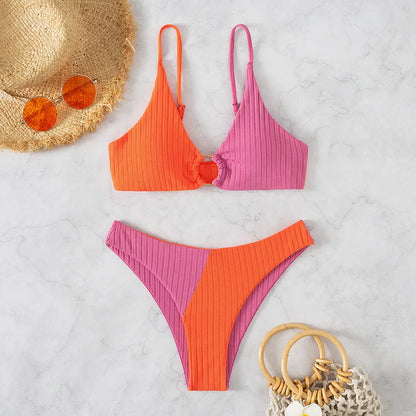 Damen Bikini Set – Push-Up Triangle Top – High Waist – Rippstruktur – Verstellbare Träger