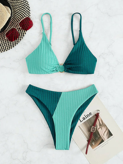 Damen Bikini Set – Push-Up Triangle Top – High Waist – Rippstruktur – Verstellbare Träger