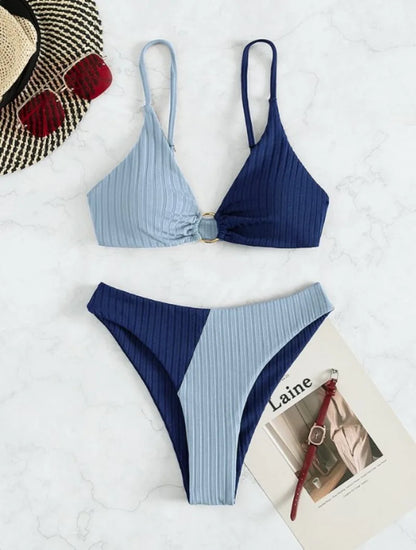 Damen Bikini Set – Push-Up Top – High Waist – Rippstruktur – Ringdetail