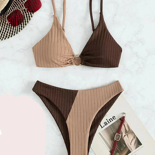 Damen Bikini Set – Push-Up Top – High Waist – Rippstruktur – Ringdetail