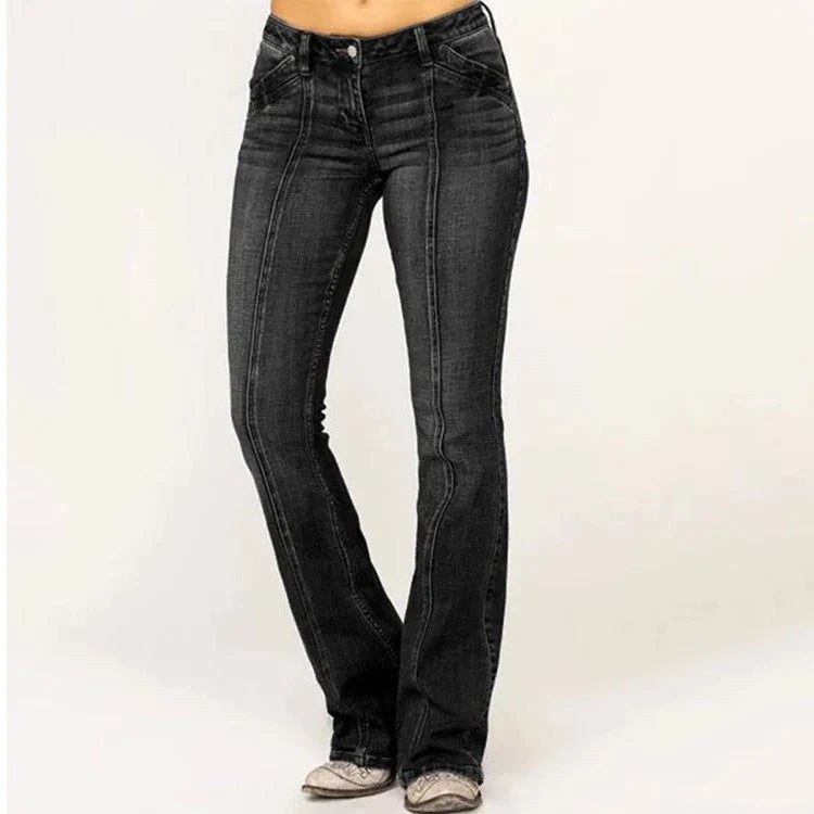 Damen Schlagjeans – Figurbetont – Volle Länge – Kontrastnähte – Casual Look