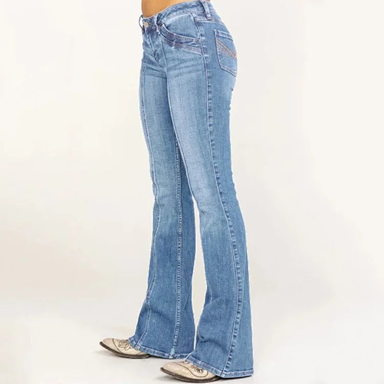Damen Schlagjeans – Figurbetont – Volle Länge – Kontrastnähte – Casual Look