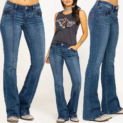 Damen Schlagjeans – Figurbetont – Volle Länge – Kontrastnähte – Casual Look