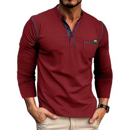 Herren Henley Shirt – Tailored Fit – Langarm – Atmungsaktives Gewebe – Brusttasche