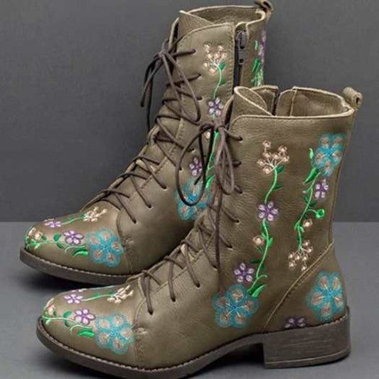 Damen Mid-Calf Boots – Strukturierte Passform – Stickerei – Blockabsatz – Reißverschluss
