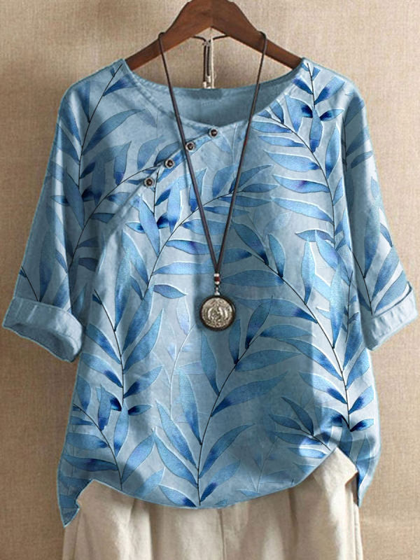 Damen Bluse – Lockerer Schnitt – 3/4 Arm – Atmungsaktives Material – Asymmetrischer Knopfabschluss