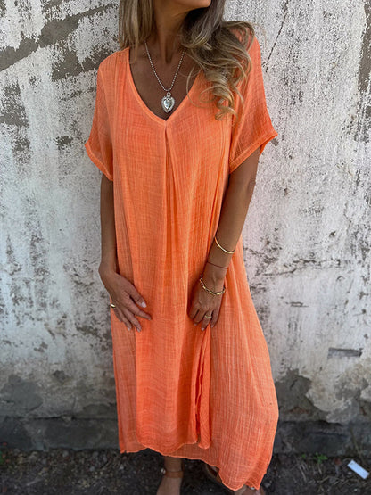 Damen Kleid – Lockerer Schnitt – V-Ausschnitt – Kurzarm – Atmungsaktives Material