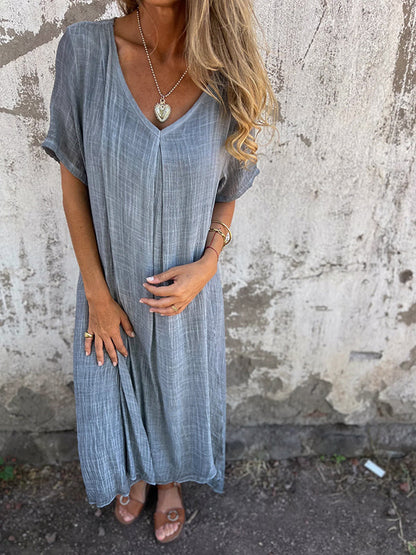 Damen Kleid – Lockerer Schnitt – V-Ausschnitt – Kurzarm – Atmungsaktives Material