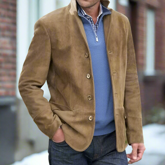 Herren Jacke – Tailored Fit – Luxury Fabric – Notch Revers – Knopfverschluss – Hüftlang