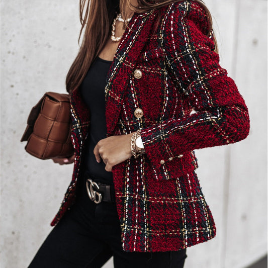 Damen Blazer – Taillierter Schnitt – Tweedoptik – Zweireihig – Karomuster