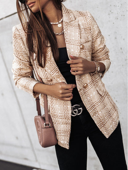 Damen Blazer – Taillierter Schnitt – Tweedoptik – Zweireihig – Karomuster