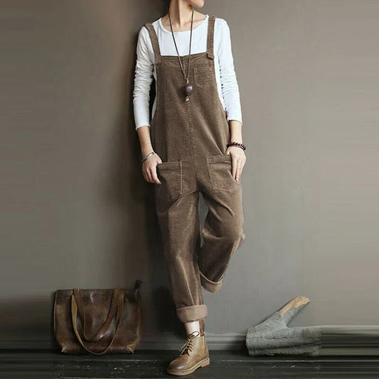 Damen Jumpsuit – Lockerer Schnitt – Cord-Optik – Verstellbare Träger – Langform