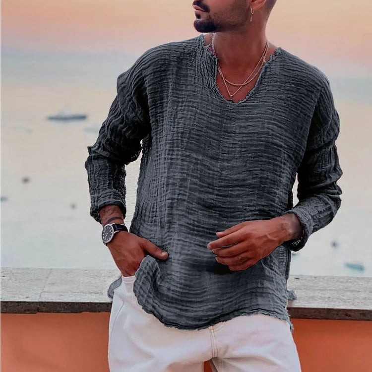 Herren Langarmshirt – V-Ausschnitt – Lockerer Schnitt – Naturfaser – Knitteroptik