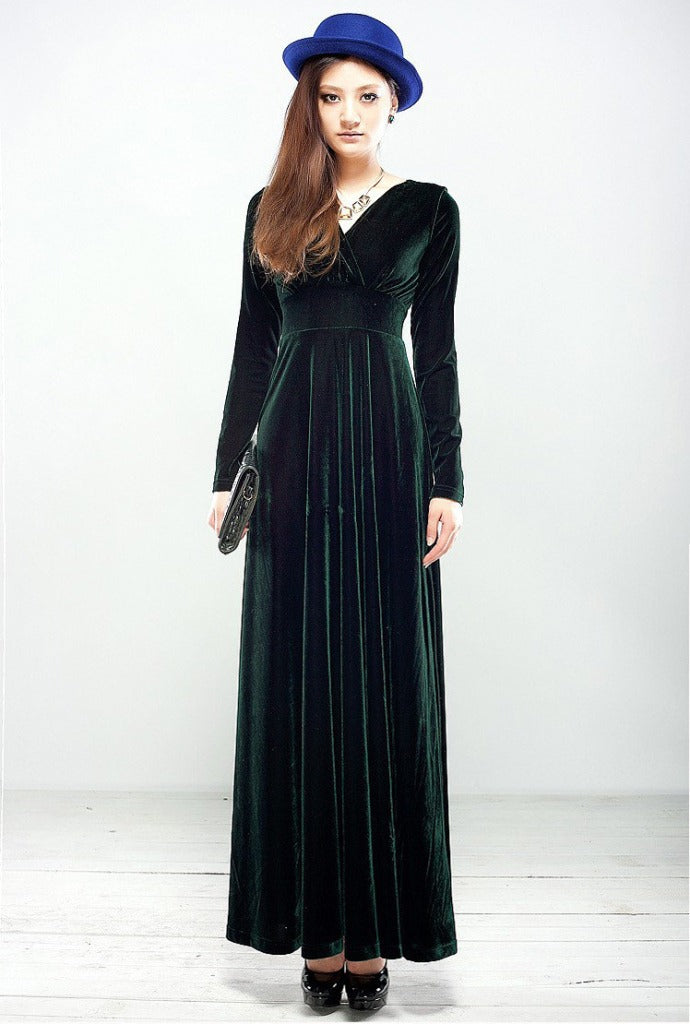 Damen Abendkleid – Langarm – V-Ausschnitt – Wickeloptik – Bodenlang aus Samt