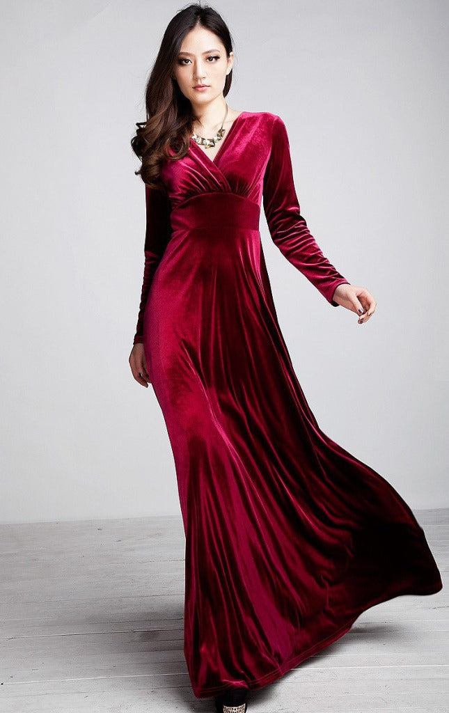 Damen Abendkleid – Langarm – V-Ausschnitt – Wickeloptik – Bodenlang aus Samt