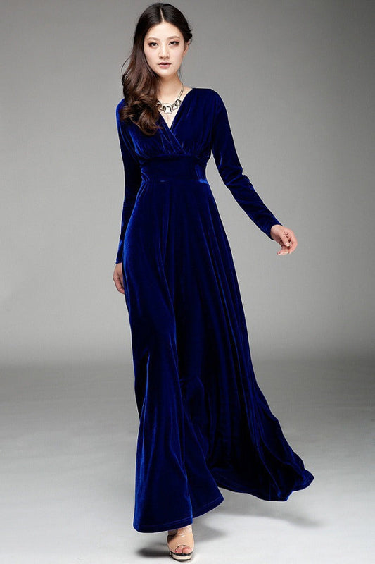 Damen Abendkleid – Langarm – V-Ausschnitt – Wickeloptik – Bodenlang aus Samt