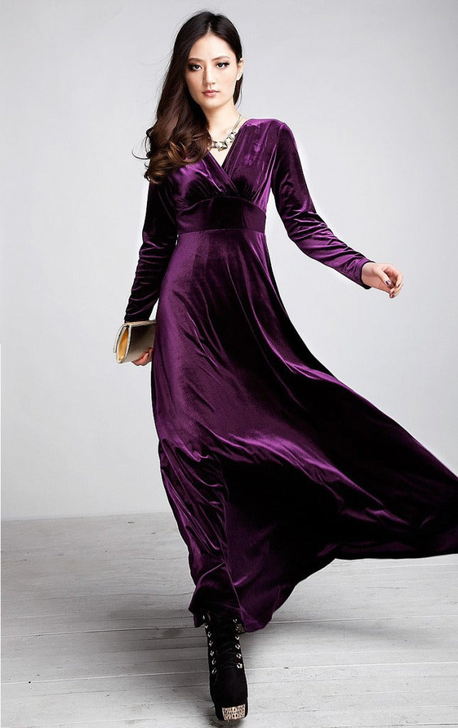 Damen Abendkleid – Langarm – V-Ausschnitt – Wickeloptik – Bodenlang aus Samt
