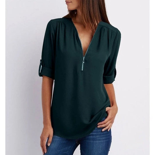 Damen Bluse – Lockerer Schnitt – Atmungsaktives Material – Half-Zip – 3/4 Ärmel