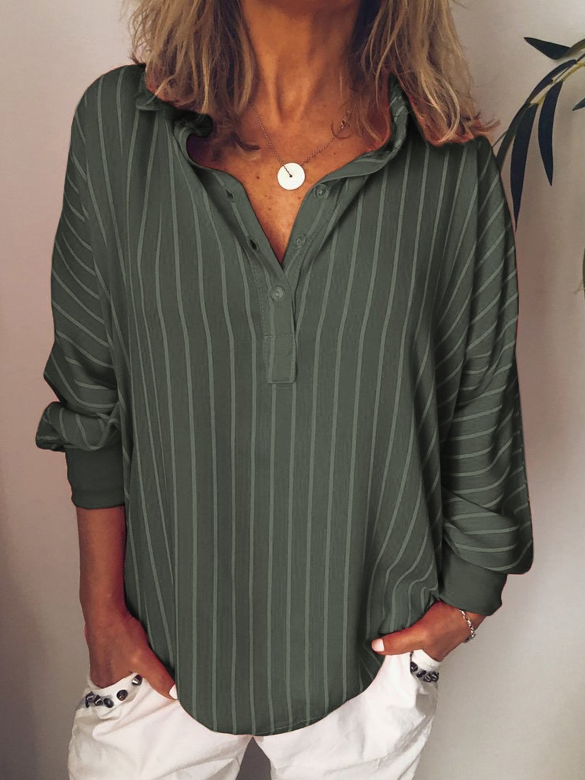 Damen Bluse – Lockerer Schnitt – Atmungsaktives Gewebe – Streifen – Langarm