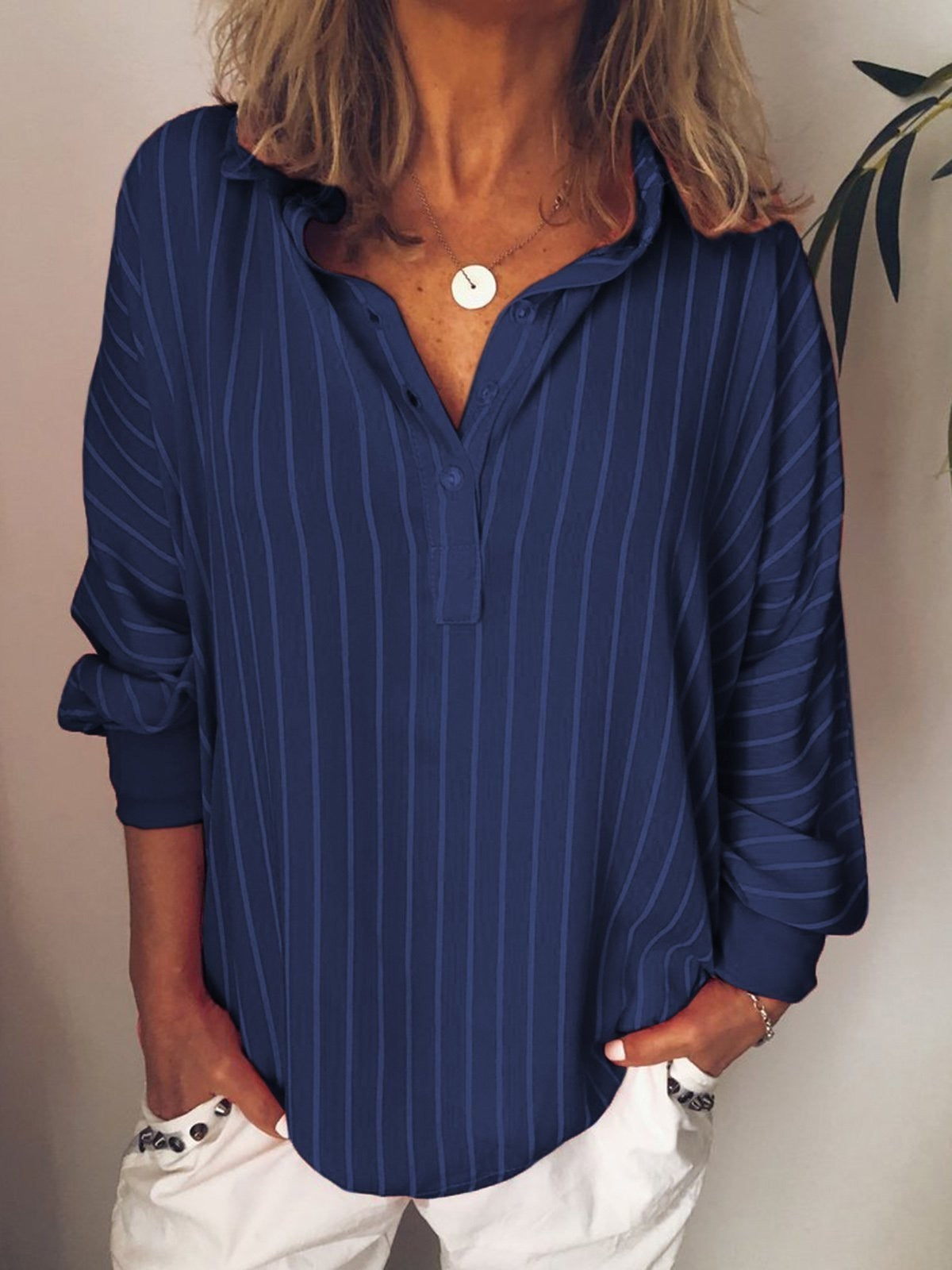 Damen Bluse – Lockerer Schnitt – Atmungsaktives Gewebe – Streifen – Langarm