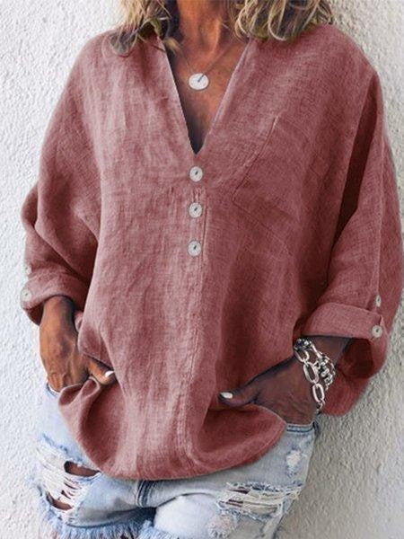 Damen Bluse – Oversized Fit – V-Ausschnitt – Knopfleiste – Langarm Naturfaser