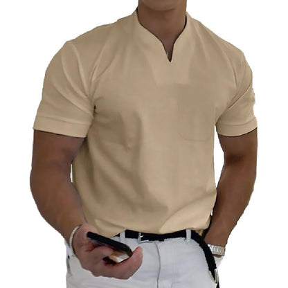 Herren Kurzarmhemd – Slim Fit – Atmungsaktives Gewebe – Stehkragen – V-Ausschnitt