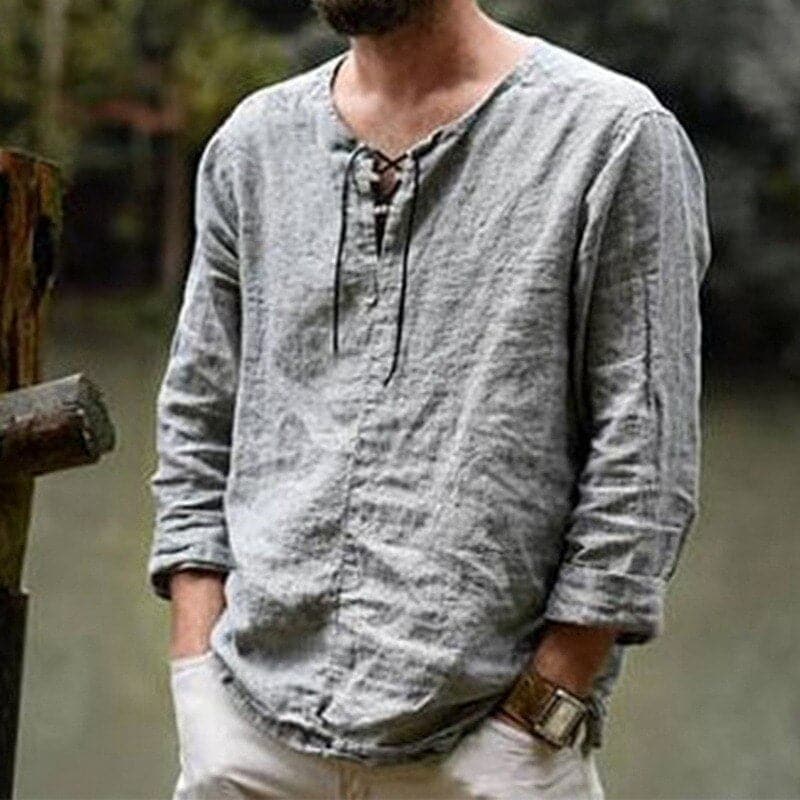Herren Langarmhemd – Lockerer Schnitt – Naturfasern – Schnürkragen Freizeitlook
