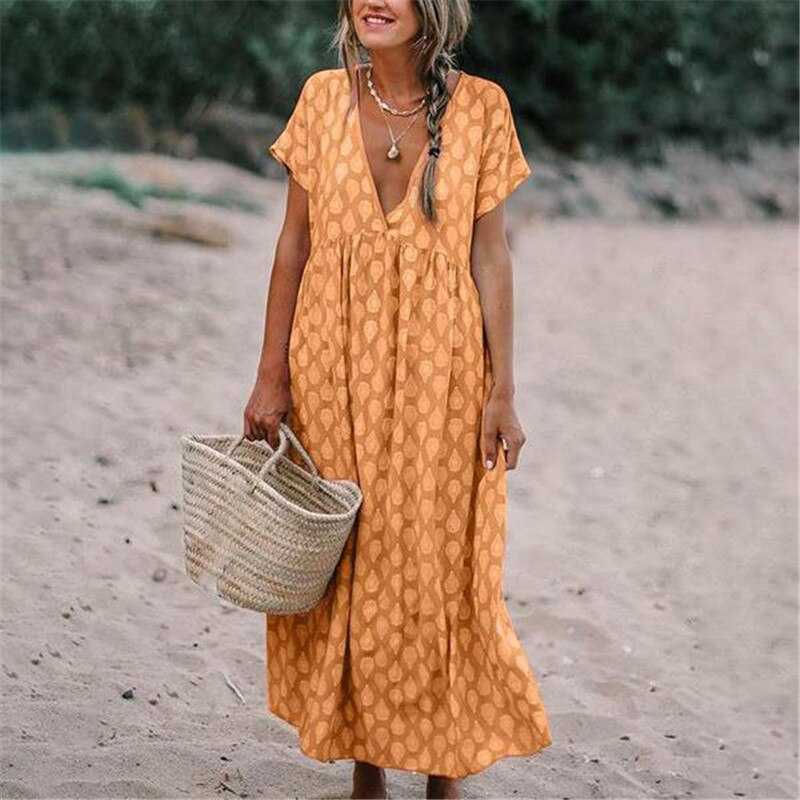 Damen Maxikleid – Lockerer Schnitt – V-Ausschnitt – Kurzarm – Natürliche Fasern