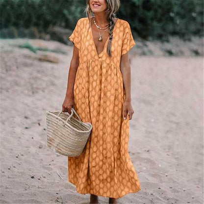 Damen Maxikleid – Lockerer Schnitt – V-Ausschnitt – Kurzarm – Natürliche Fasern