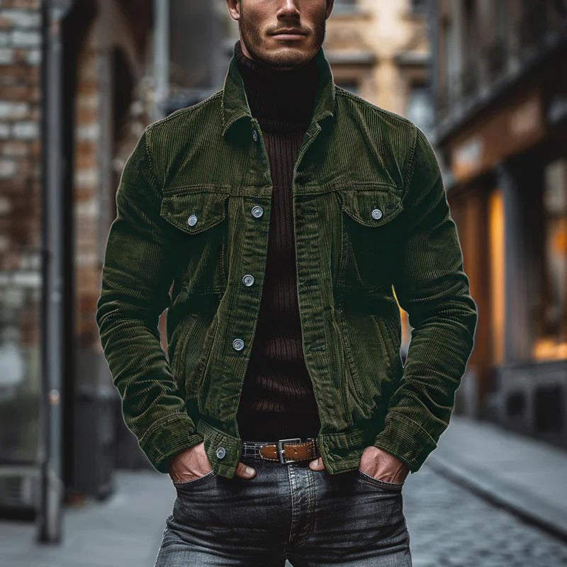 Herren Jacke – Strukturierter Schnitt – Cord-Look – Knopfleiste – Lapelkragen
