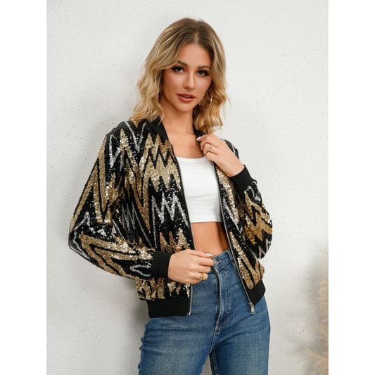 Damen Bomberjacke – Pailletten – Zickzackmuster – Reißverschluss – Kurzschnitt