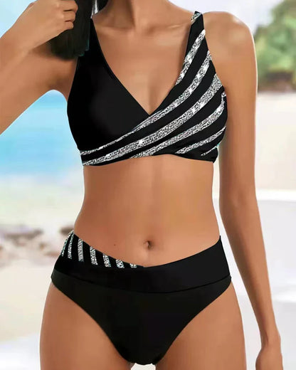 Damen Bikini Set – High Waist – Wickeloberteil – Atmungsaktives Stretchmaterial – Gestreift