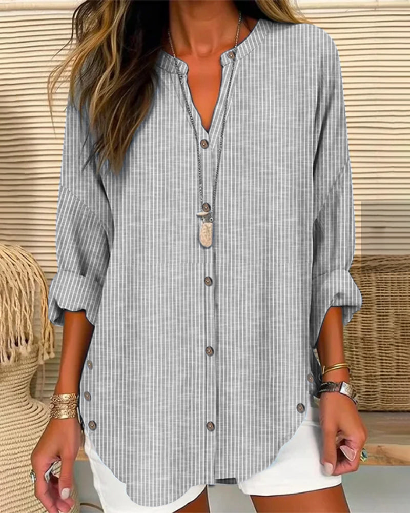 Damen Bluse – Relaxed Fit – Gestreift – V-Ausschnitt mit Knopfleiste – Atmungsaktive Qualität