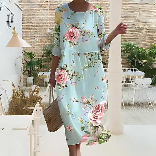 Damen Midi Kleid – Fließender Schnitt – Atmungsaktives Gewebe – Blumenmuster