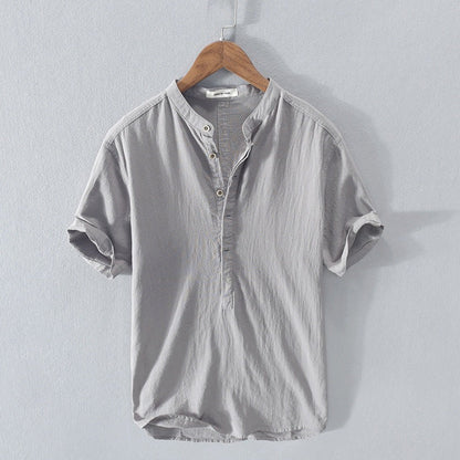 Herren Kurzarmhemd – Relaxed Fit – Mandarin Kragen – Atmungsaktive Naturfasern