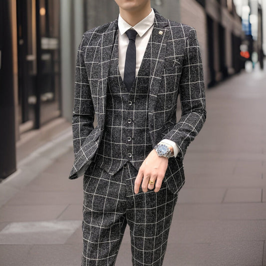 Herren Anzug 3-teilig – Slim Fit – Karomuster – Luxusmaterial – Formaler Look