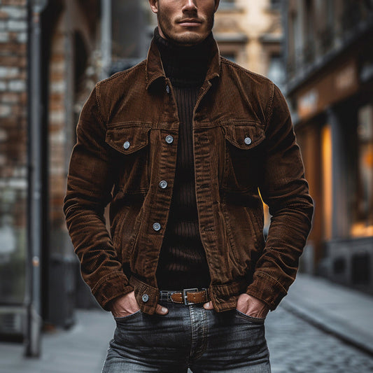 Herren Jacke – Strukturierter Schnitt – Cord-Look – Knopfleiste – Lapelkragen