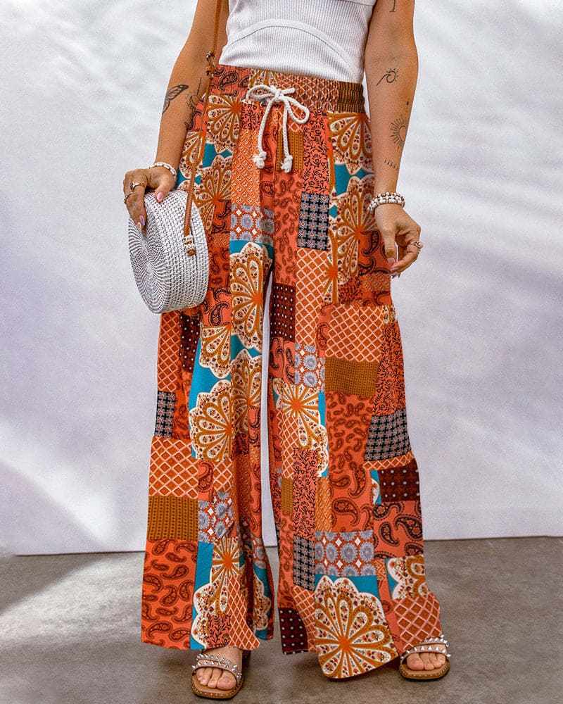 Damen Palazzo Hose – High Waist – Weites Bein – Boho Print – Verstellbarer Bund
