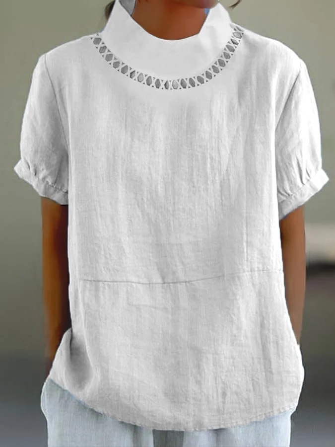 Damen Bluse – Lockerer Schnitt – Kurzarm mit Umschlag – Spitzenbesatz – Atmungsaktive Mischung