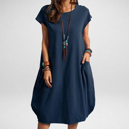Damen Maxikleid – Relaxed Fit – Atmungsaktives Material – Kurzarm mit Taschen