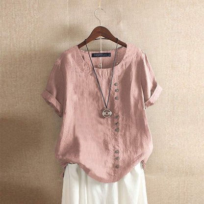 Damen Bluse – Lockerer Schnitt – Atmungsaktiver Stoff – Kurze Ärmel mit Umschlag – Asymmetrische Knopfleiste
